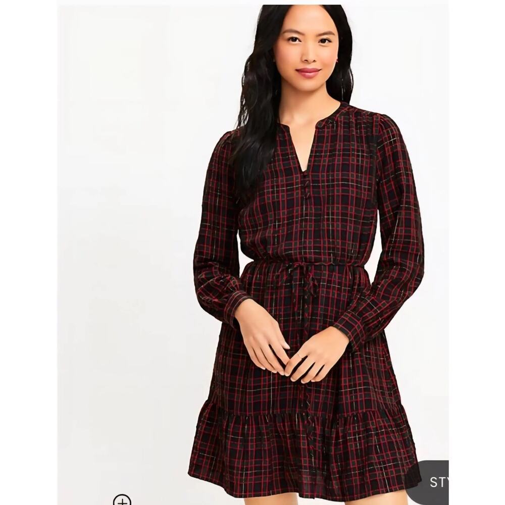 LOFT PLAID SHIMMERY FLOUNCE SWING DRESS SIZE LARGE PETITE